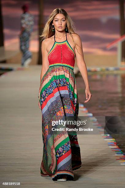 Model Gigi Hadid walks the runway wearing Tommy Hilfiger Women's Spring 2016 during New York Fashion Week: The Shows at Pier 36 on September 14, 2015...