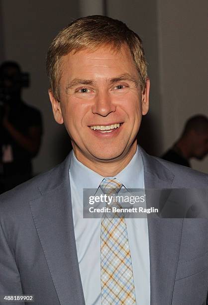 Personality Pat Kiernan poses for a picture on the front row at the Lela Rose Fashion Show during Spring 2016at The Gallery, Skylight at Clarkson Sq...