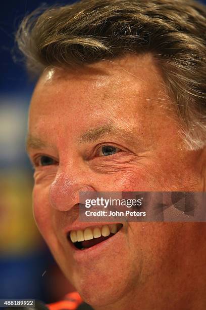 Manager Louis van Gaal of Manchester United speaks during a press conference, ahead of their UEFA Champions League match against PSV Eindhoven, on...