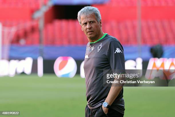 Head Coach Lucien Favre of Borussia Moenchengladbach during a training session at Estadio Ramon Sanchez Pizjuan on September 14, 2015 in Seville,...