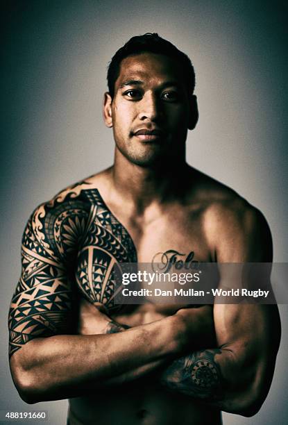Israel Folau of Australia poses for a portrait during the Australia Rugby World Cup 2015 Squad photo call at the MacDonald Bath Spa Hotel on...