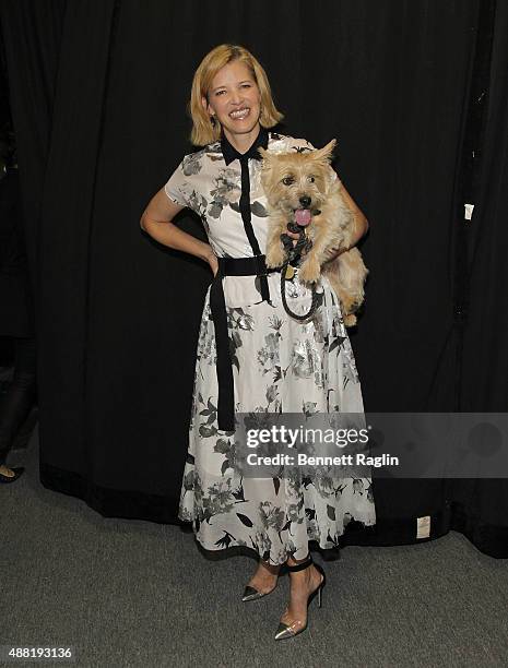 Designer Lela Rose poses for a picture on the backstage with dog Bobbin at the Lela Rose Fashion Show during Spring 2016at The Gallery, Skylight at...