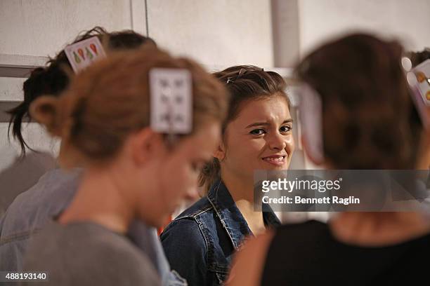 Model prepares backstage at the Lela Rose Fashion Show during Spring 2016at The Gallery, Skylight at Clarkson Sq on September 14, 2015 in New York...