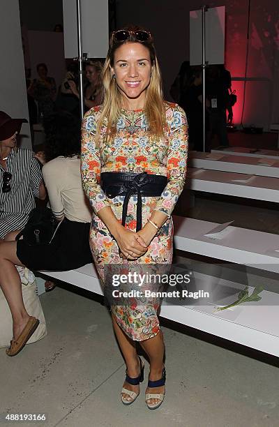 Cara Crowley poses for a picture on the front row at the Lela Rose Fashion Show during Spring 2016at The Gallery, Skylight at Clarkson Sq on...