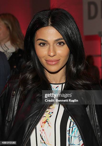Teni Panosian poses for a picture on the front row at the Lela Rose Fashion Show during Spring 2016at The Gallery, Skylight at Clarkson Sq on...
