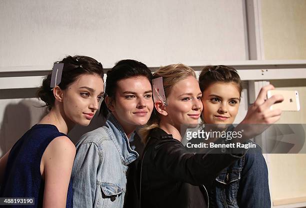 Models take a selfie backstage at the Lela Rose Fashion Show during Spring 2016at The Gallery, Skylight at Clarkson Sq on September 14, 2015 in New...
