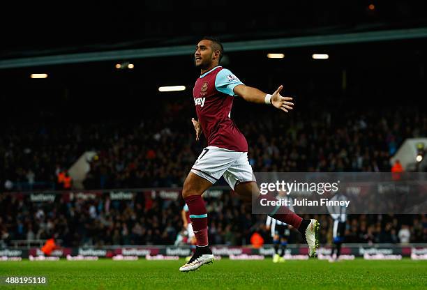 Dimitri Payet of West Ham United celebrates scoring his second goal during the Barclays Premier League match between West Ham United and Newcastle...