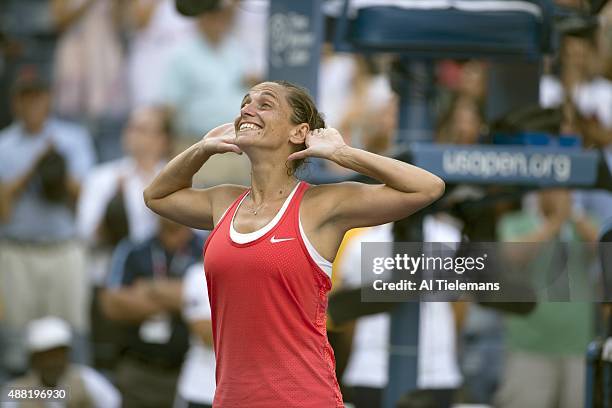 Italy Roberta Vinci victorious with hands to her ears after winning Women's Semifinal match vs USA Serena Williams at Billie Jean King National...