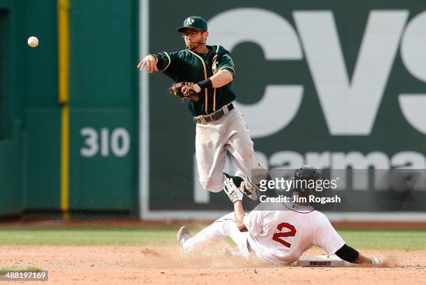 Eric Sogard of the Oakland Athletics completes a double play as Xander Bogaerts of the Boston Red Sox slides late in to second base in the ninth...