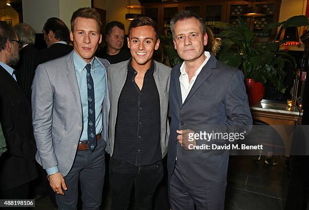 Dustin Lance Black, Tom Daley and Michael Grandage attend the "Photograph 51" press night after party at the The National Cafe on September 14, 2015...