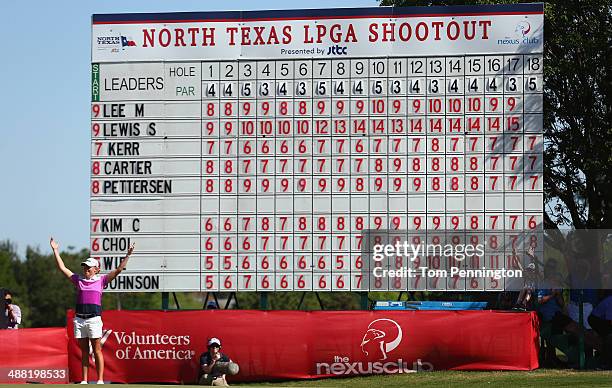 Stacy Lewis celebrates after sinking a birdie putt on the 18th green and winning the Final Round of the North Texas LPGA Shootout Presented by JTBC...