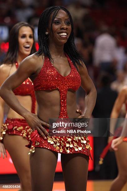 Miami Heat dancer Traci Young performs during a time out in the game on February 22, 2011 at American Airlines Arena, in Miami, Florida. NOTE TO...