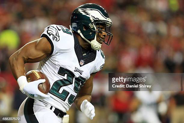 DeMarco Murray of the Philadelphia Eagles runs the ball during the first half against the Atlanta Falcons at the Georgia Dome on September 14, 2015...