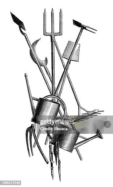 ilustrações, clipart, desenhos animados e ícones de antigo de ferramentas de jardim ilustrações - enxada-equipamento-de-jardinagem