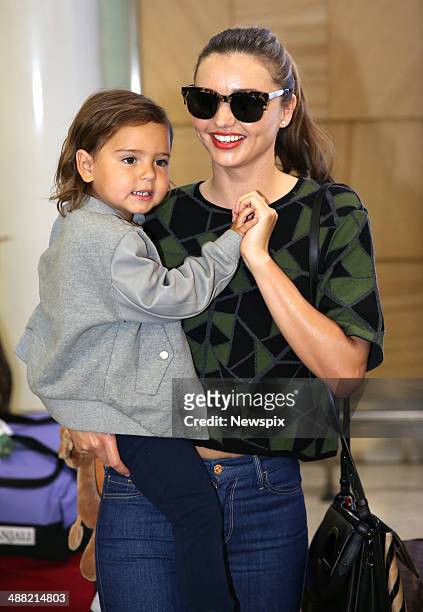 Australian supermodel Miranda Kerr and her son Flynn arrive at Sydney International Airport on a flight from LA, on May 2, 2014 in Sydney, Australia.