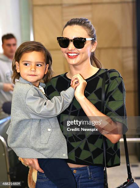 Australian supermodel Miranda Kerr and her son Flynn arrive at Sydney International Airport on a flight from LA, on May 2, 2014 in Sydney, Australia.