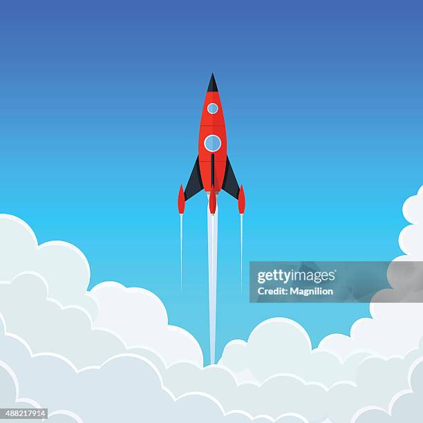 red rocket flies start up concept vector - rocket launch stock illustrations