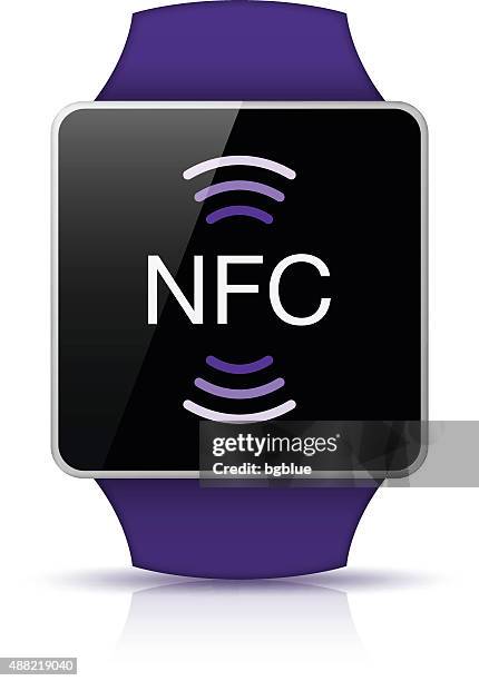 purple smart watch mit nfc-symbol (in der nähe von feld kommunikation) - réseau social stock-grafiken, -clipart, -cartoons und -symbole