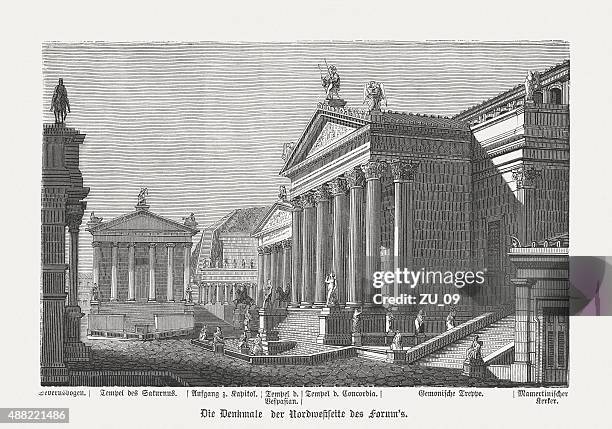 illustrazioni stock, clip art, cartoni animati e icone di tendenza di edifici del foro romano a roma antica, pubblicata nel 1878 - roman forum