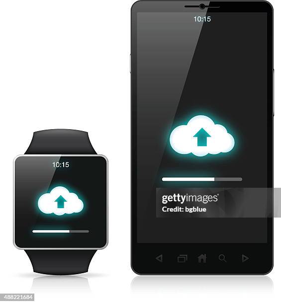 synchronisation der daten zwischen smart watch und smartphone mit cloud-computing-konzept, - réseau social stock-grafiken, -clipart, -cartoons und -symbole