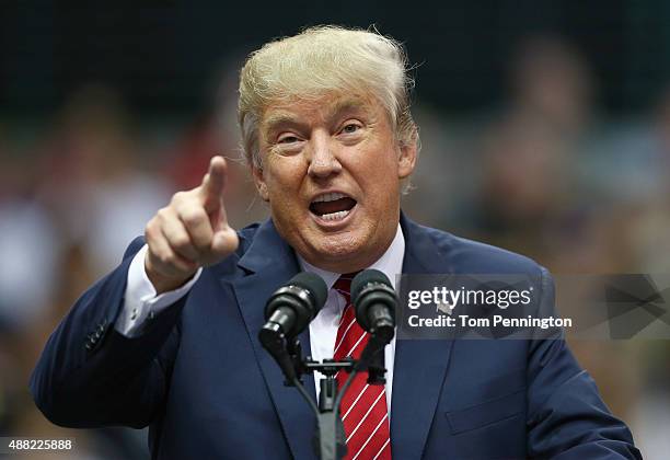 Republican presidential candidate Donald Trump speaks during a campaign rally at the American Airlines Center on September 14, 2015 in Dallas, Texas....