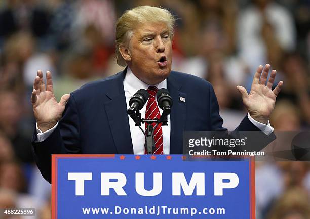 Republican presidential candidate Donald Trump speaks during a campaign rally at the American Airlines Center on September 14, 2015 in Dallas, Texas....