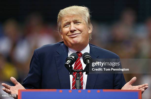 Republican presidential candidate Donald Trump speaks during a campaign rally at the American Airlines Center on September 14, 2015 in Dallas, Texas....