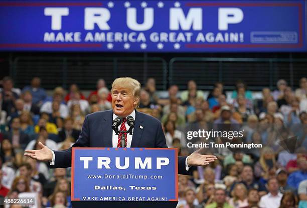 Republican presidential candidate Donald Trump speaks during a campaign rally at the American Airlines Center on September 14, 2015 in Dallas, Texas....