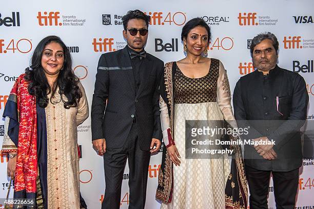 Director Meghna Gulzar, actor Irrfan khan, producer Priti Shahani and producer Vishal Bhardwaj attend the 'Guilty' photo call during the Toronto...