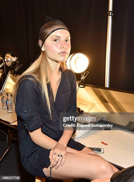 Model backastage at the Vivienne Tam - Front Row & Backstage - Spring 2016 New York Fashion Week: The Shows at The Arc, Skylight at Moynihan Station...