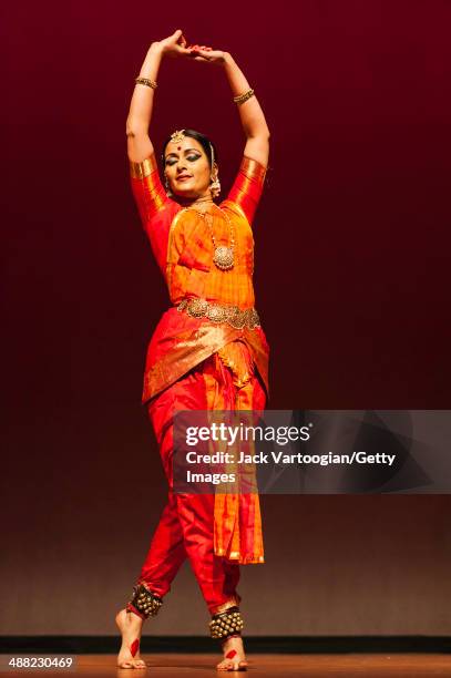 Indian dancer Vidhya Subramanian performs a dance, in Bharata Natyam style, during the World Music Institute's 'Dancing The Gods' series at New York...