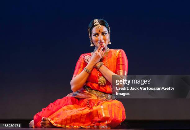 Indian dancer Vidhya Subramanian performs a dance, in Bharata Natyam style, during the World Music Institute's 'Dancing The Gods' series at New York...