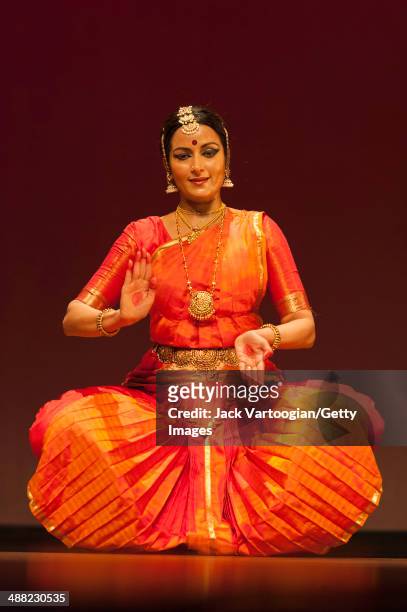 Indian dancer Vidhya Subramanian performs a dance, in Bharata Natyam style, during the World Music Institute's 'Dancing The Gods' series at New York...