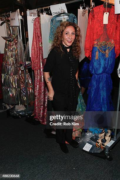 Designer Reem Acra prepares backstage before the Reem Acra fashion show during Spring 2016 New York Fashion Week: The Shows at The Dock, Skylight at...