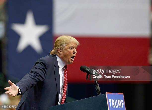 Republican presidential candidate Donald Trump speaks during a campaign rally at the American Airlines Center on September 14, 2015 in Dallas, Texas....