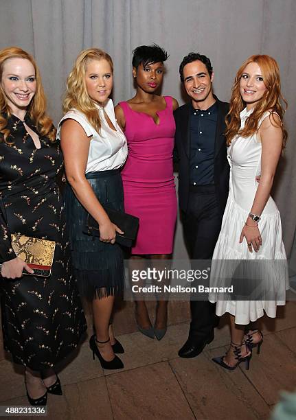 Christina Hendricks, Amy Schumer, Jennifer Hudson, designer Zac Posen, and Bella Thorne pose backstage at the Zac Posen Spring 2016 fashion show...