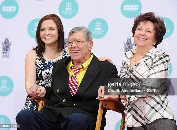 Danielle Sarah Lewis, comedian Jerry Lewis and SanDee Pitnick attend the Jerry Lewis Hand and Footprint Ceremony at TCL Chinese Theatre during the...