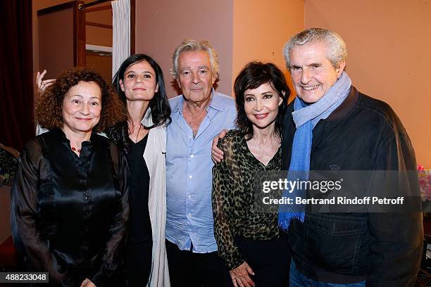 Catherine Arditi, Salome Lelouch, Pierre Arditi, his wife Evelyne Bouix and Claude Lelouch pose Backstage after 'Le Mensonge' : Theater Play. Held at...