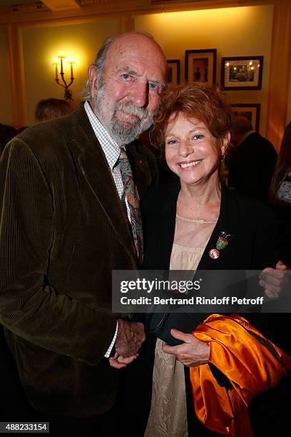 Actors Jean-Pierre Marielle and his wife Agathe Natanson attend 'Le Mensonge' : Theater Play. Held at Theatre Edouard VII on September 14, 2015 in...