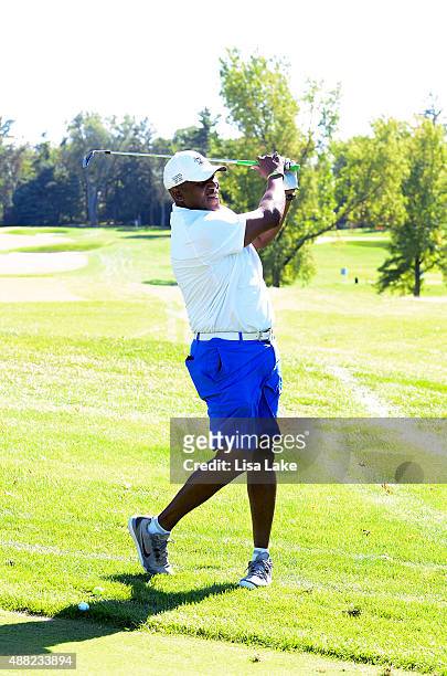 Joe Carter takes a swing at the Julius Erving Golf Classic at Aronimink Golf Club on September 14, 2015 in Newtown, Pennsylvania.