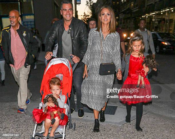 Jessica Alba, husband Cash Warren and their children Honor Marie Warren and Haven Garner Warren are seen on September 14, 2015 in New York City.