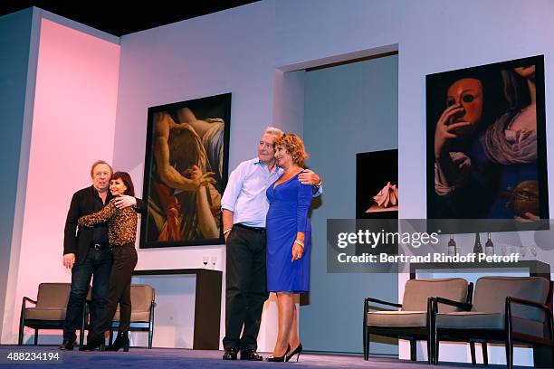 Actors of the Piece Jean-Michel Dupuis, Evelyne Bouix, Pierre Arditi and Josiane Stoleru acknowledge the applause of the audience at the end of 'Le...