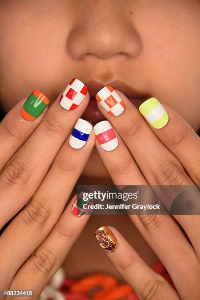 Model poses backstage at the CND for Libertine S/S 2016 fashion show during New York Fashion Week at The Gallery, Skylight at Clarkson Sq on...