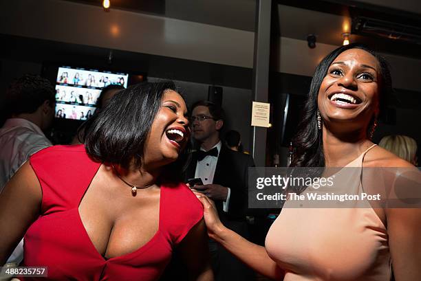 Stacey Samuel and Rene Marsh of CNN laugh during the Buzzfeed WHCD party on May 3 .