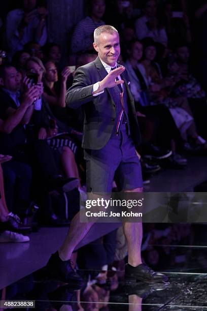 Designer Thom Browne walks the runway at the Thom Browne Spring 2016 fashion show during New York Fashion Week at Skylight Modern on September 14,...