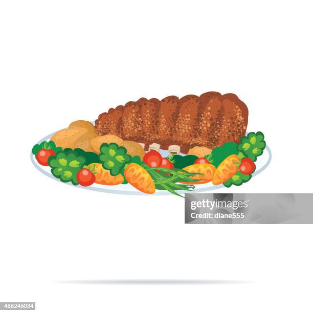 simple spare ribs dinner on a white background - jacket potato stock illustrations