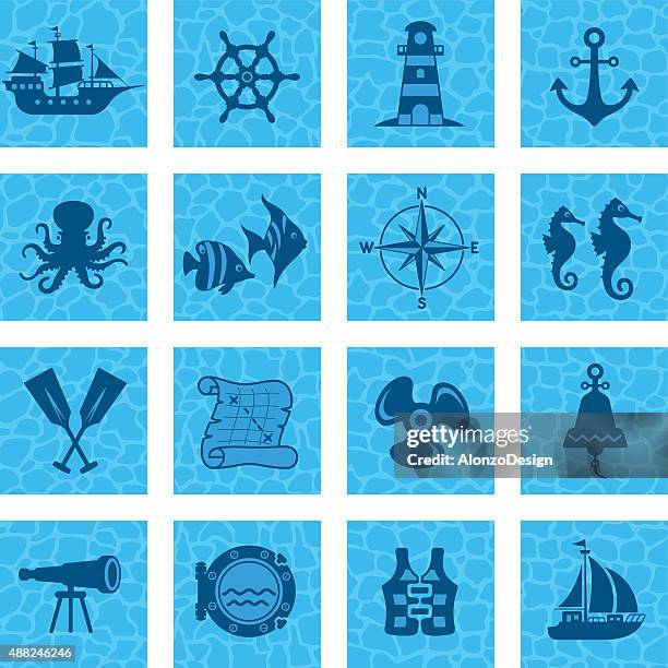 sailing icon set - nautical compass stock illustrations