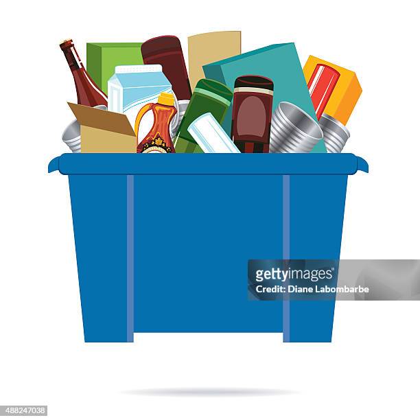blue recycling bin filled with empty tin cans - recycling bin stock illustrations