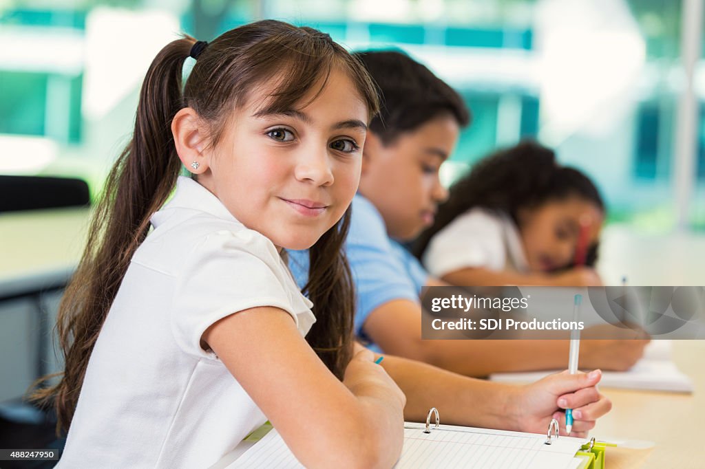 Private scuola elementare studenti facendo test in aula