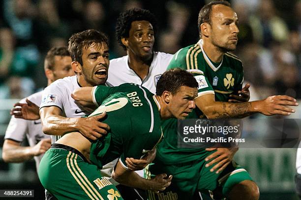Players in action as Panathinaikos draws 1-1 with PAOK on the second day of the play-offs of the Greek Football championship. The game was played in...